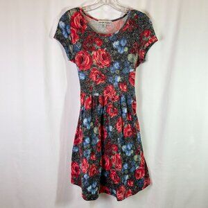 Almost Famous Girl's Size L Floral Dress Red Pink Blue Short Sleeves Tie Back